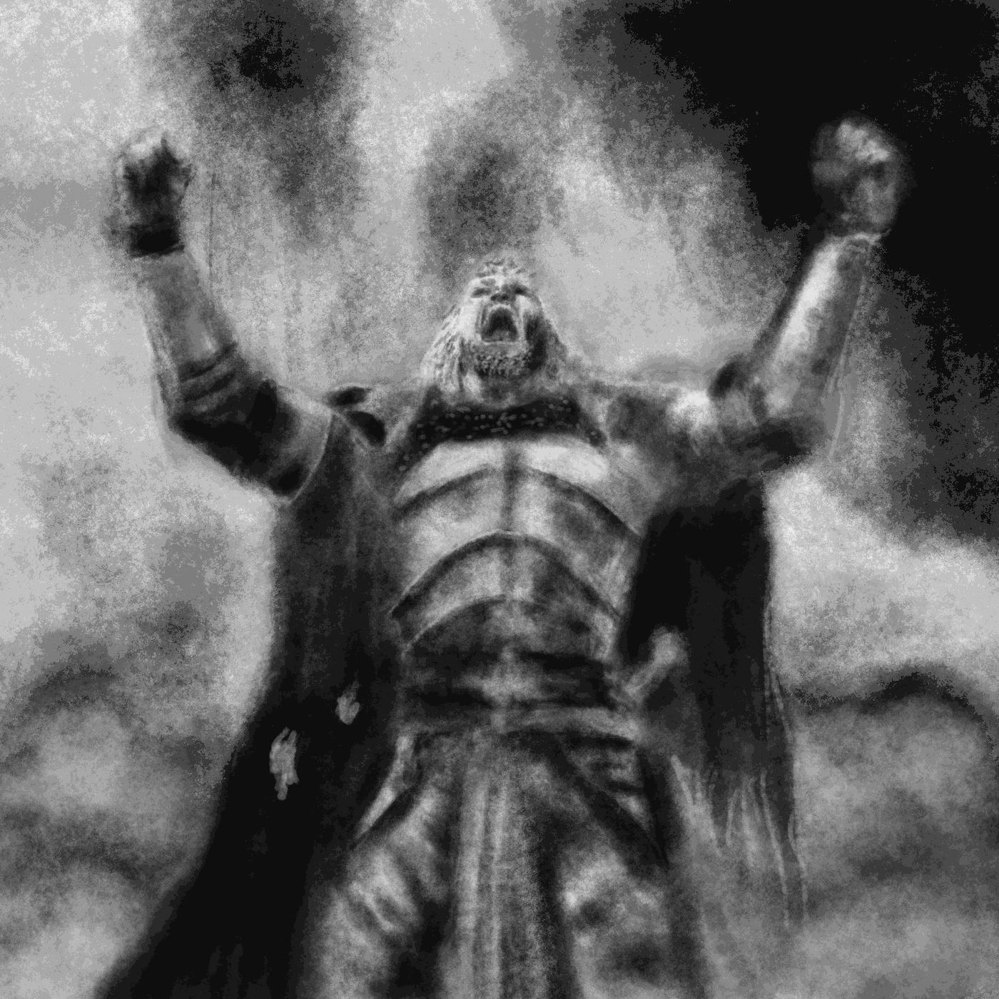 A revenant rising, fists raised, roaring out of the smoke