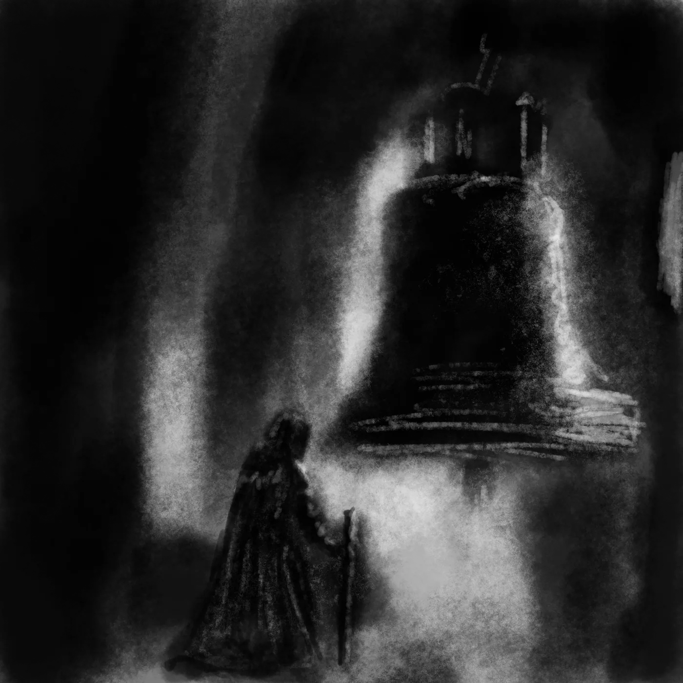 A hooded figure beneath a great chapel bell