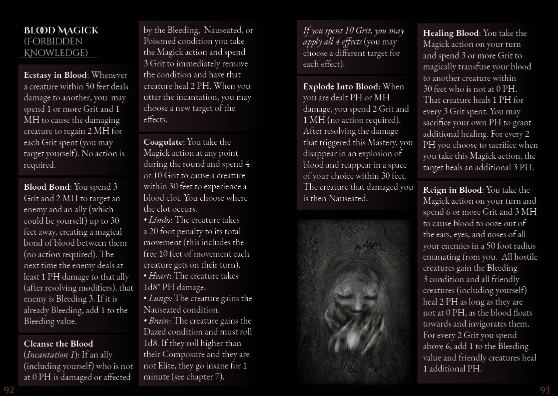 A Blood Magick spread from the rulebook