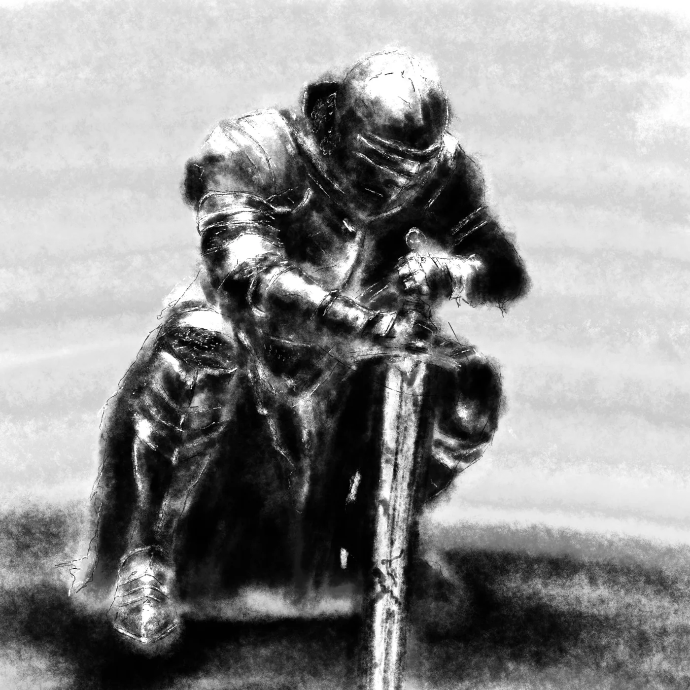 An armored revenant crouching, leaning on a sword