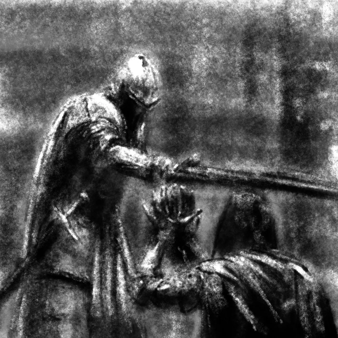 An armored figure looming over a revenant on their knees