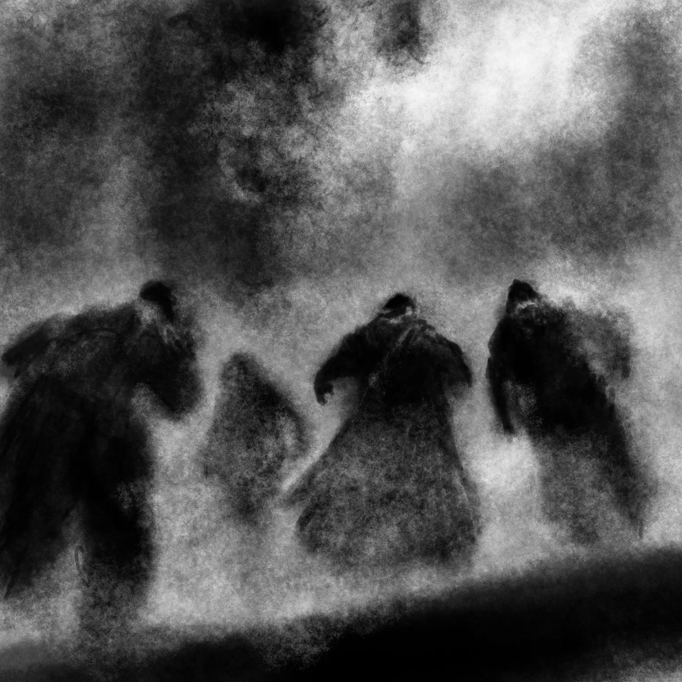Hooded figures walking into a storm of ash and mist