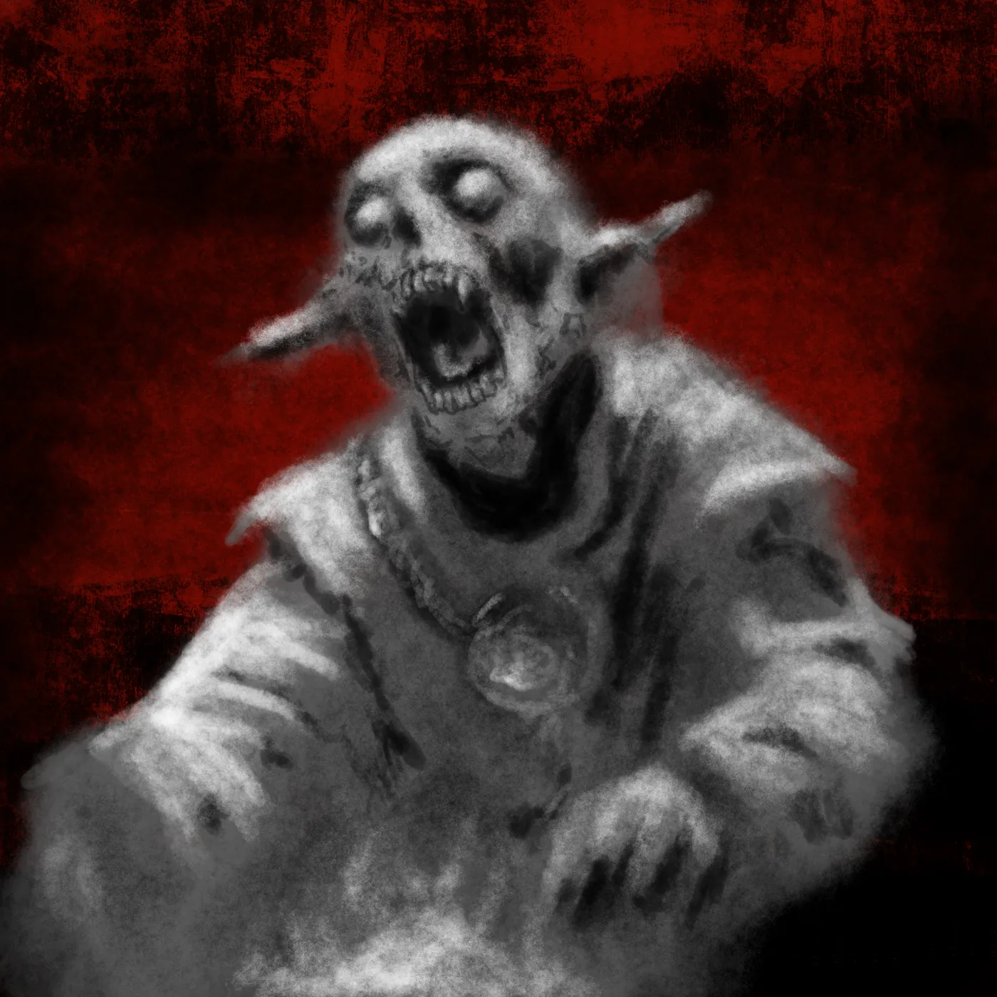 A ghoulish figure leaning over a glowing light against a blood-red sky