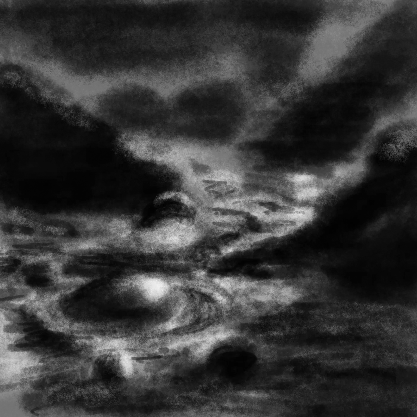 A pale moon reflected in dark water beneath heavy clouds
