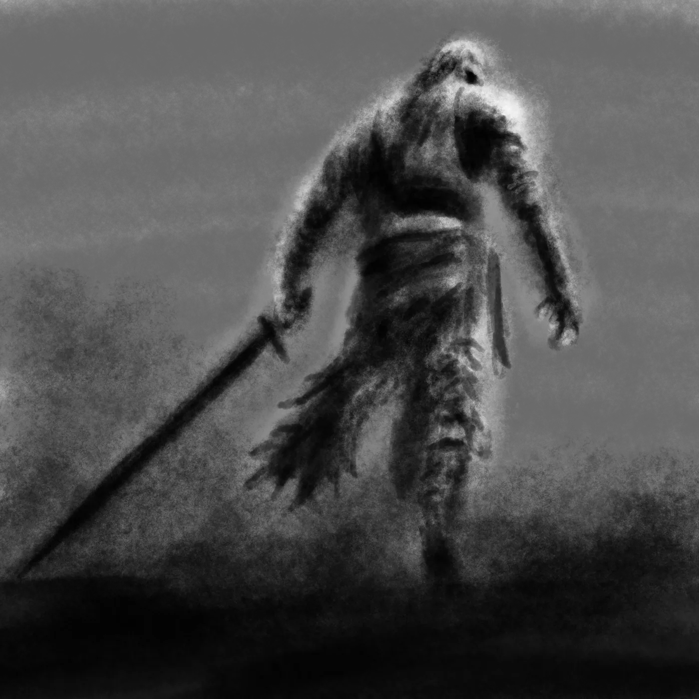 A lone revenant with a sword walking out of the mist