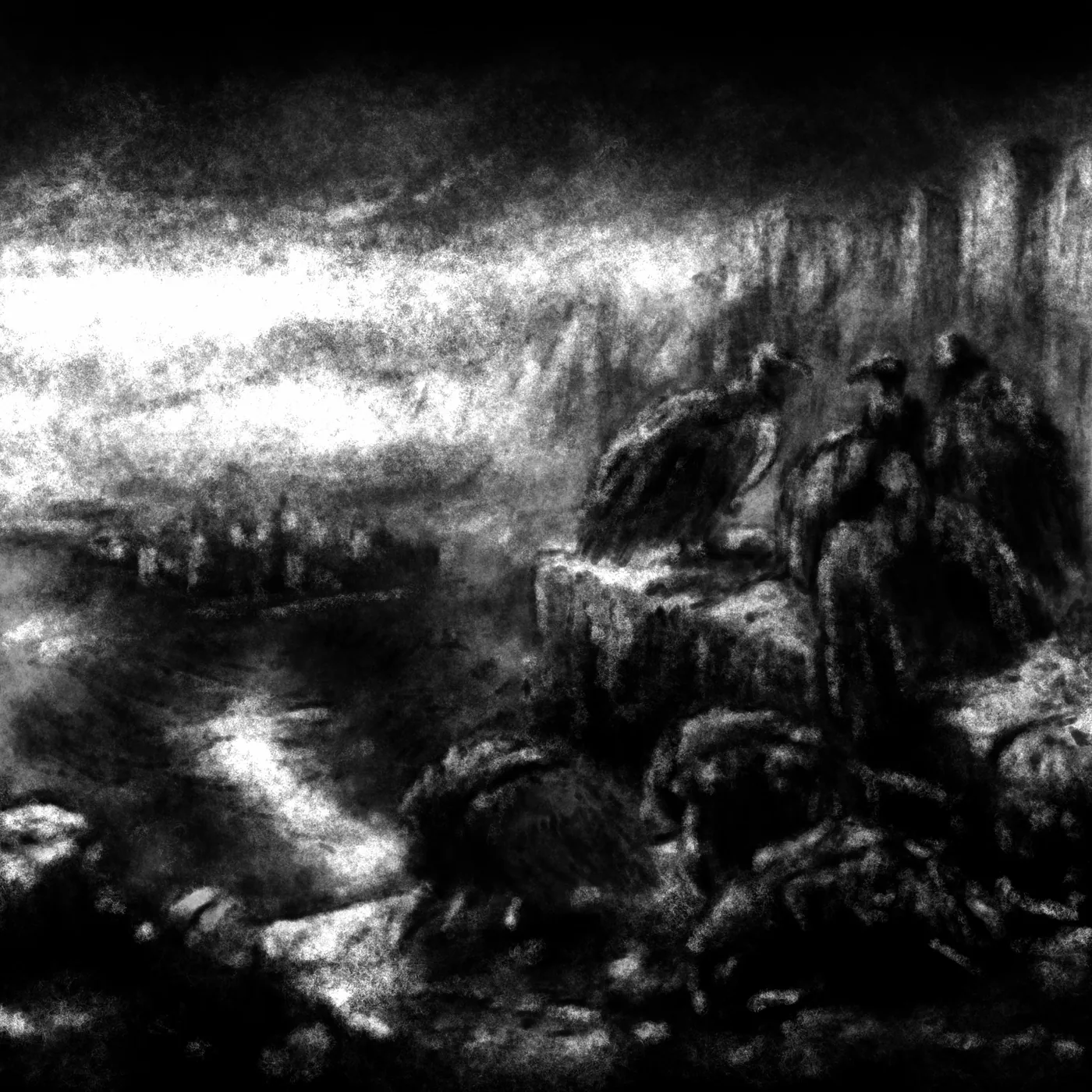 Vultures perched on a cliff above a city lost in the dark