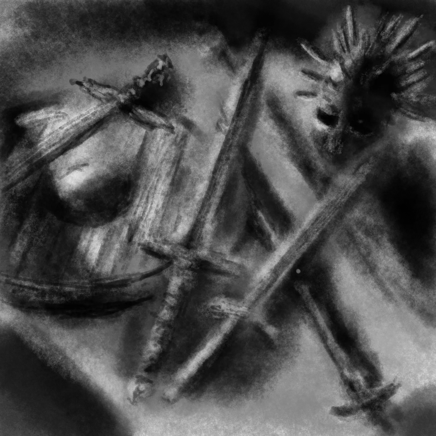 A pile of weapons and a skull